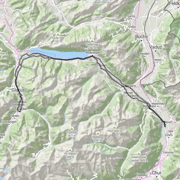 Miniatua del mapa de inspiración ciclista "Ruta de ciclismo de carretera Glarus - Sargans - Mühlehorn" en Ostschweiz, Switzerland. Generado por Tarmacs.app planificador de rutas ciclistas