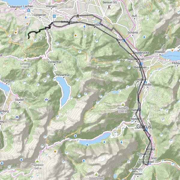Miniatua del mapa de inspiración ciclista "Ruta de ciclismo de carretera Netstal - Schübelbach - Ziegelbrücke" en Ostschweiz, Switzerland. Generado por Tarmacs.app planificador de rutas ciclistas