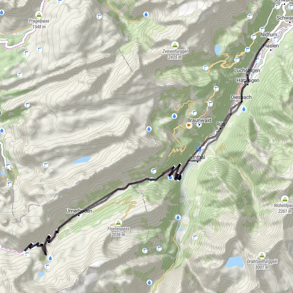 Miniatua del mapa de inspiración ciclista "Recorrido alpino desafiante desde Schwanden" en Ostschweiz, Switzerland. Generado por Tarmacs.app planificador de rutas ciclistas