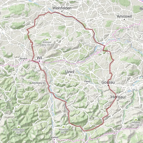 Miniatua del mapa de inspiración ciclista "Ruta escénica por caminos de grava a través de Schönengrund y Herisau" en Ostschweiz, Switzerland. Generado por Tarmacs.app planificador de rutas ciclistas
