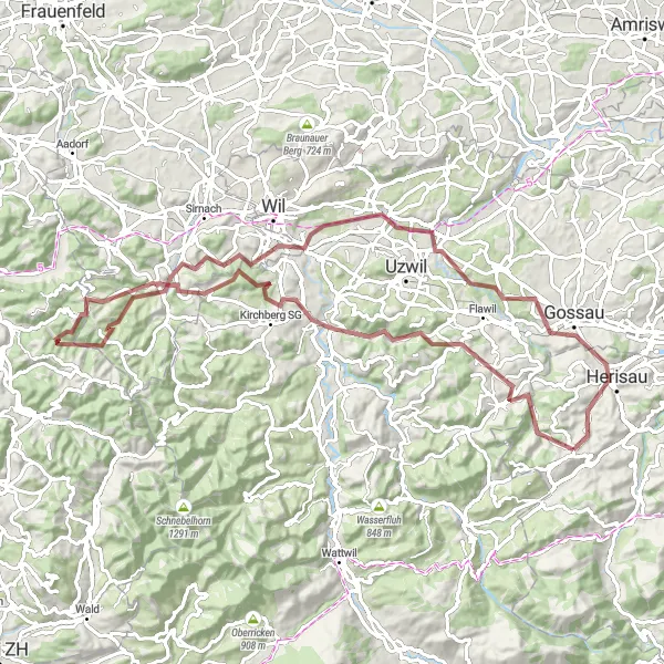 Kartminiatyr av "Utforsk landsbyer og naturskjønne omgivelser i Øst-Sveits" sykkelinspirasjon i Ostschweiz, Switzerland. Generert av Tarmacs.app sykkelrutoplanlegger