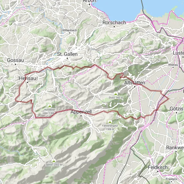 Mapa miniatúra "Gravel cez Trogen a Altstätten" cyklistická inšpirácia v Ostschweiz, Switzerland. Vygenerované cyklistickým plánovačom trás Tarmacs.app