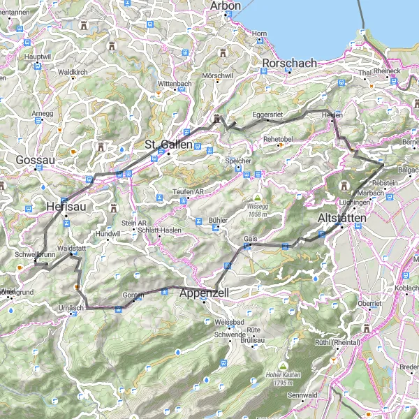 Map miniature of "The Eastern Swiss Adventure" cycling inspiration in Ostschweiz, Switzerland. Generated by Tarmacs.app cycling route planner