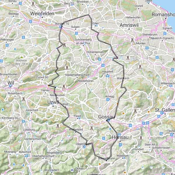 Mapa miniatúra "Okolo Schwellbrunn cez Degersheim" cyklistická inšpirácia v Ostschweiz, Switzerland. Vygenerované cyklistickým plánovačom trás Tarmacs.app