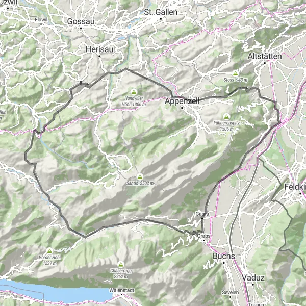 Map miniature of "Churfirsten Loop" cycling inspiration in Ostschweiz, Switzerland. Generated by Tarmacs.app cycling route planner