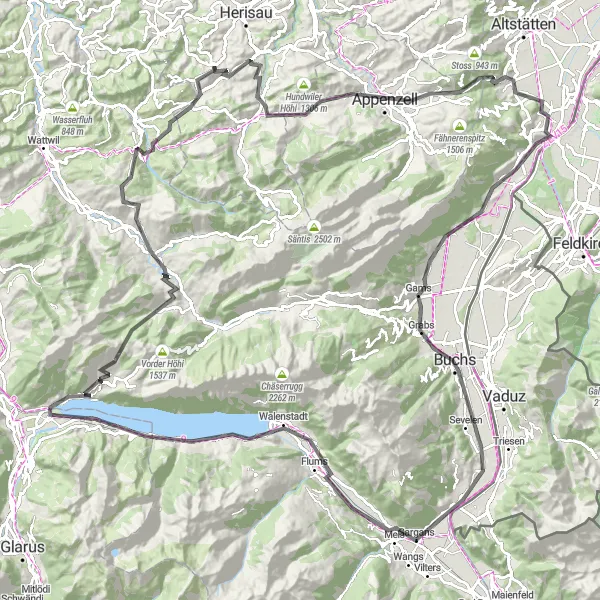 Karttaminiaatyyri "Waldstatt - Amden Circuit" pyöräilyinspiraatiosta alueella Ostschweiz, Switzerland. Luotu Tarmacs.app pyöräilyreittisuunnittelijalla