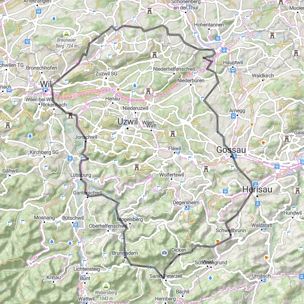 Map miniature of "Schwellbrunn and Surrounding Hills" cycling inspiration in Ostschweiz, Switzerland. Generated by Tarmacs.app cycling route planner