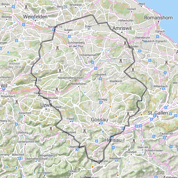 Mapa miniatúra "Zelené Dolinky a Klenoty Amriswilu" cyklistická inšpirácia v Ostschweiz, Switzerland. Vygenerované cyklistickým plánovačom trás Tarmacs.app