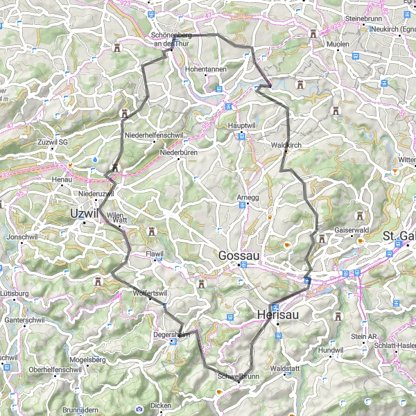 Miniatura della mappa di ispirazione al ciclismo "Circuito Stradale Degersheim-Waldkirch" nella regione di Ostschweiz, Switzerland. Generata da Tarmacs.app, pianificatore di rotte ciclistiche