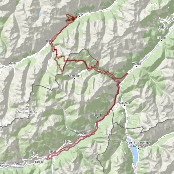 Miniatura della mappa di ispirazione al ciclismo "Avventura Epica da Scuol a Chavalatsch" nella regione di Ostschweiz, Switzerland. Generata da Tarmacs.app, pianificatore di rotte ciclistiche