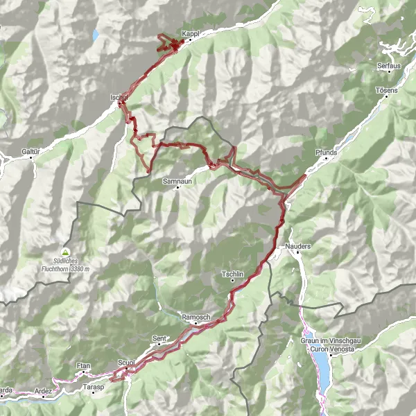 Kartminiatyr av "Rundtur til Flimspitze og Ischgl" sykkelinspirasjon i Ostschweiz, Switzerland. Generert av Tarmacs.app sykkelrutoplanlegger