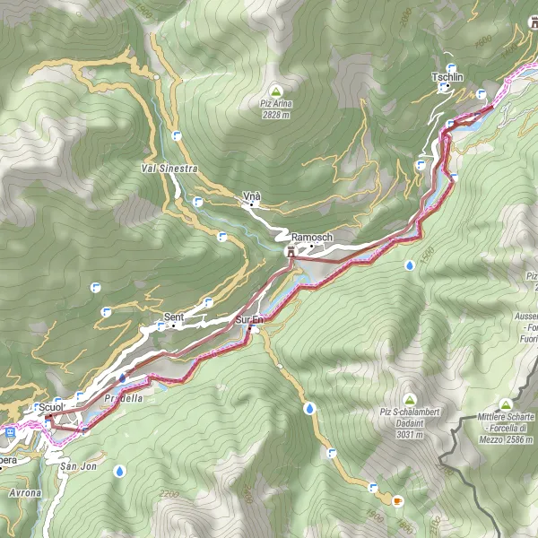 Miniatura della mappa di ispirazione al ciclismo "Percorso Gravel a Chavalatsch da Scuol" nella regione di Ostschweiz, Switzerland. Generata da Tarmacs.app, pianificatore di rotte ciclistiche