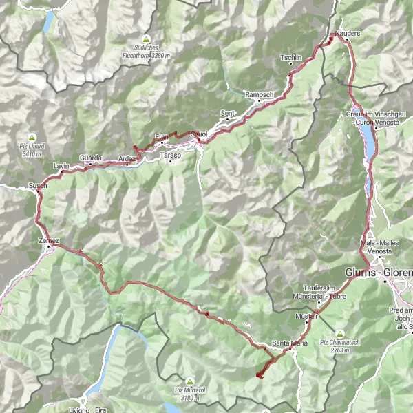 Miniaturekort af cykelinspirationen "Grusvej cykelrute fra Scuol til Chavalatsch" i Ostschweiz, Switzerland. Genereret af Tarmacs.app cykelruteplanlægger