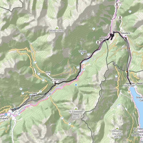 Karttaminiaatyyri "Maantieajo Scuolista Mot da Sentiin" pyöräilyinspiraatiosta alueella Ostschweiz, Switzerland. Luotu Tarmacs.app pyöräilyreittisuunnittelijalla
