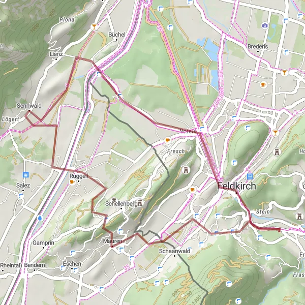 Miniatua del mapa de inspiración ciclista "Ruta de Grava Feldkirch - Sennwald" en Ostschweiz, Switzerland. Generado por Tarmacs.app planificador de rutas ciclistas