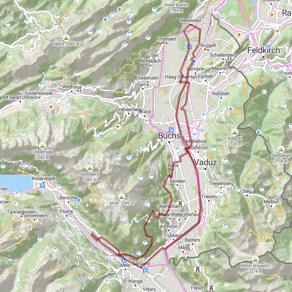 Miniatura della mappa di ispirazione al ciclismo "Avventura Gravel tra le montagne svizzere" nella regione di Ostschweiz, Switzerland. Generata da Tarmacs.app, pianificatore di rotte ciclistiche