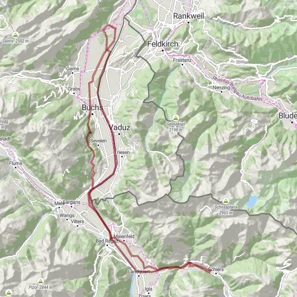 Zemljevid v pomanjšavi "Buchs - Gamprin" kolesarske inspiracije v Ostschweiz, Switzerland. Generirano z načrtovalcem kolesarskih poti Tarmacs.app