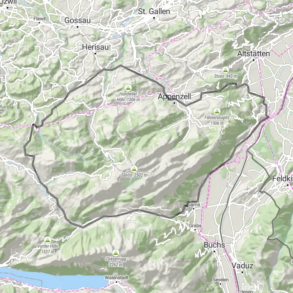 Mapa miniatúra "Výlet na bicykli cez Wildhaus a Appenzell" cyklistická inšpirácia v Ostschweiz, Switzerland. Vygenerované cyklistickým plánovačom trás Tarmacs.app