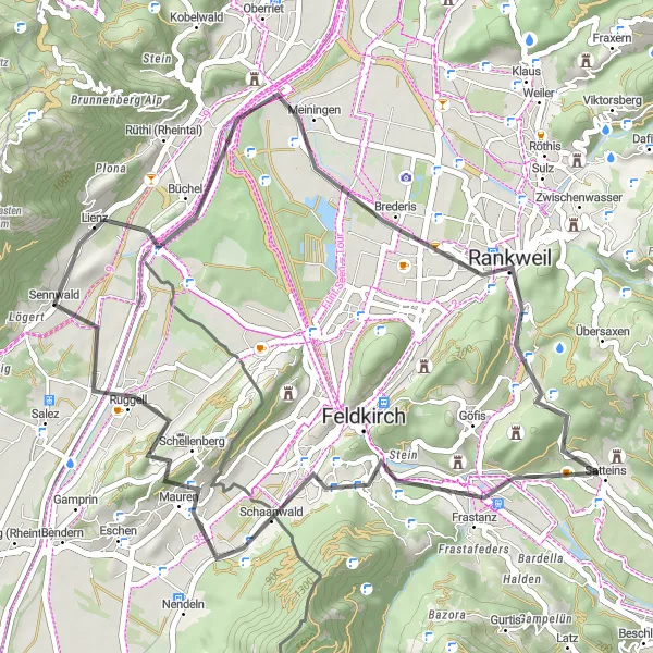 Mapa miniatúra "Cyklotrasa naprieč Sennwald a Mauren" cyklistická inšpirácia v Ostschweiz, Switzerland. Vygenerované cyklistickým plánovačom trás Tarmacs.app