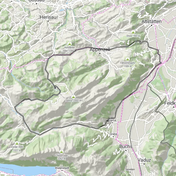 Zemljevid v pomanjšavi "Sennwald - Blattenberg" kolesarske inspiracije v Ostschweiz, Switzerland. Generirano z načrtovalcem kolesarskih poti Tarmacs.app