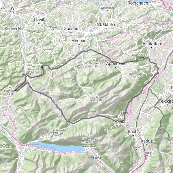 Miniatura della mappa di ispirazione al ciclismo "Avventura Stradale tra le vette alpine" nella regione di Ostschweiz, Switzerland. Generata da Tarmacs.app, pianificatore di rotte ciclistiche