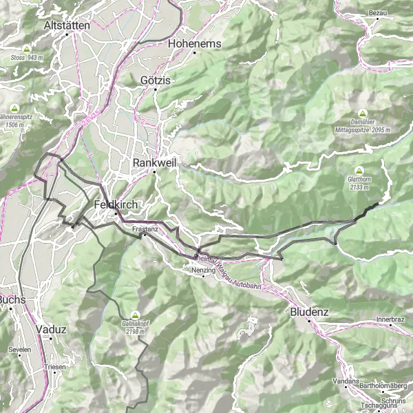 Map miniature of "Scenic Road Adventure to Sennwald" cycling inspiration in Ostschweiz, Switzerland. Generated by Tarmacs.app cycling route planner