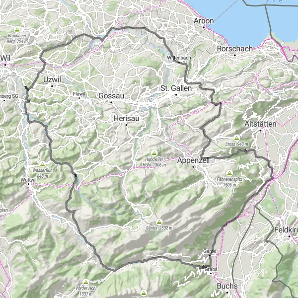 Miniatua del mapa de inspiración ciclista "Ruta en Carretera Grabs - Rüthi (Rheintal)" en Ostschweiz, Switzerland. Generado por Tarmacs.app planificador de rutas ciclistas