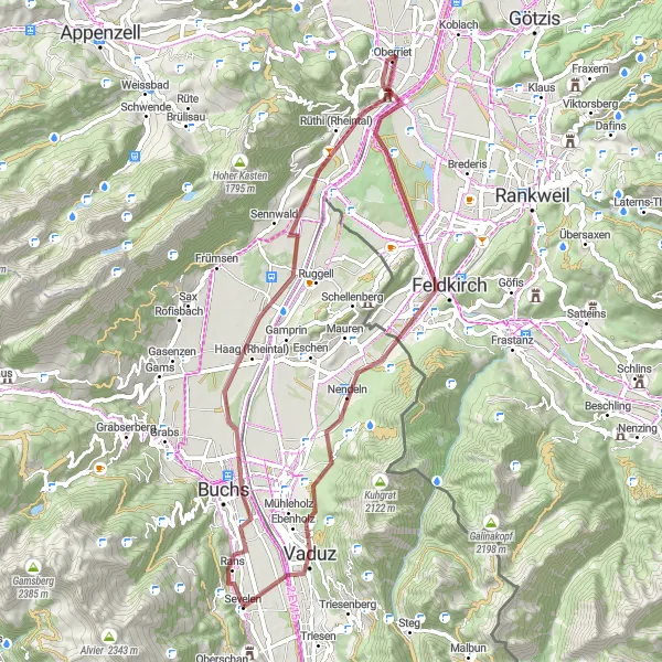 Miniatua del mapa de inspiración ciclista "Ruta de ciclismo de grava en Sevelen" en Ostschweiz, Switzerland. Generado por Tarmacs.app planificador de rutas ciclistas