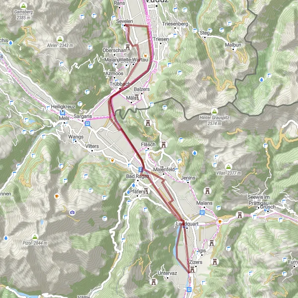 Miniatura della mappa di ispirazione al ciclismo "Giro in bici attraverso Maziferchopf e Burgruine Wartau" nella regione di Ostschweiz, Switzerland. Generata da Tarmacs.app, pianificatore di rotte ciclistiche