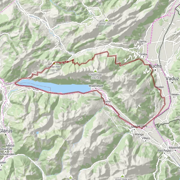 Kartminiatyr av "Grusvei Eventyr gjennom Walensee og Arvenbüel" sykkelinspirasjon i Ostschweiz, Switzerland. Generert av Tarmacs.app sykkelrutoplanlegger