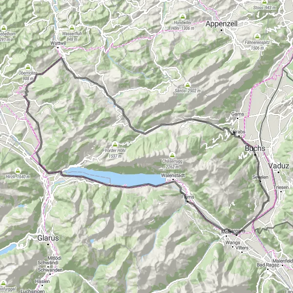 Map miniature of "Sevelen Major Cycling Route (Road)" cycling inspiration in Ostschweiz, Switzerland. Generated by Tarmacs.app cycling route planner