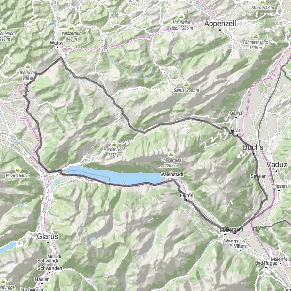 Karttaminiaatyyri "Kiehtova Pyöräilyreitti Alppien Ympärillä" pyöräilyinspiraatiosta alueella Ostschweiz, Switzerland. Luotu Tarmacs.app pyöräilyreittisuunnittelijalla