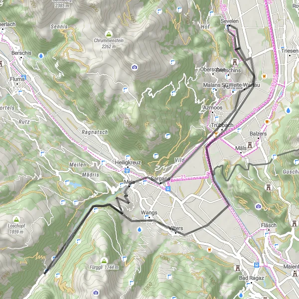 Karttaminiaatyyri "Maantiepyöräilyreitti Sevelenin lähellä" pyöräilyinspiraatiosta alueella Ostschweiz, Switzerland. Luotu Tarmacs.app pyöräilyreittisuunnittelijalla