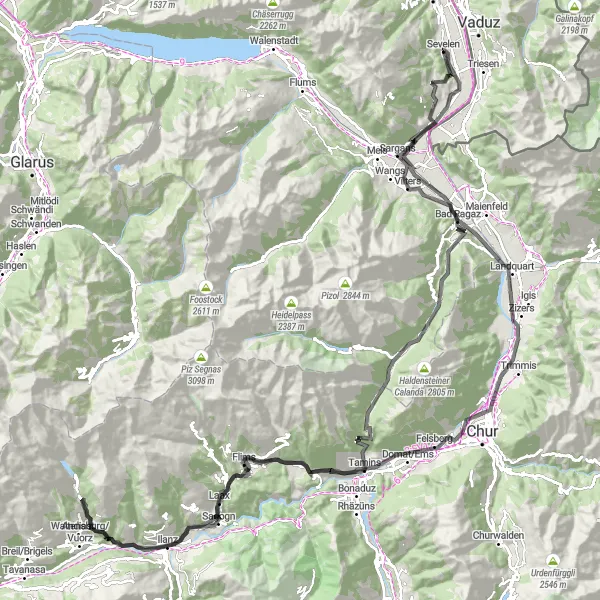 Zemljevid v pomanjšavi "Izzivalna ciklistična pot do Bad Ragaza" kolesarske inspiracije v Ostschweiz, Switzerland. Generirano z načrtovalcem kolesarskih poti Tarmacs.app