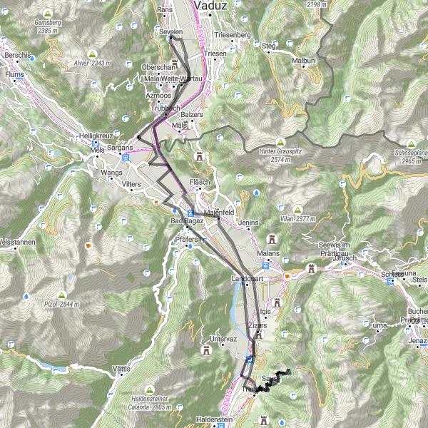 Miniatua del mapa de inspiración ciclista "Exploración Escénica de Bad Ragaz y Maienfeld" en Ostschweiz, Switzerland. Generado por Tarmacs.app planificador de rutas ciclistas