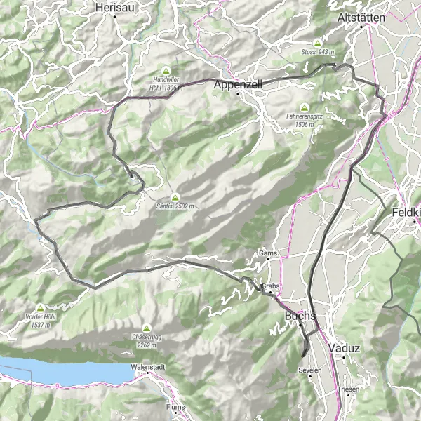 Karttaminiaatyyri "Maantiepyöräilyseikkailu läheisillä reiteillä" pyöräilyinspiraatiosta alueella Ostschweiz, Switzerland. Luotu Tarmacs.app pyöräilyreittisuunnittelijalla