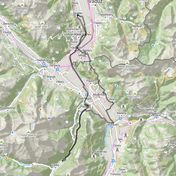 Miniaturní mapa "Cyklotrasa Trübbach - Sankt Luzisteig" inspirace pro cyklisty v oblasti Ostschweiz, Switzerland. Vytvořeno pomocí plánovače tras Tarmacs.app