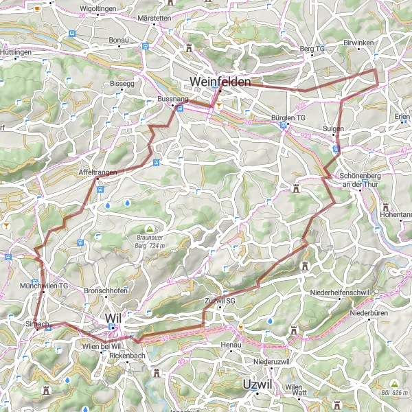 Mapa miniatúra "Gravel Trail through Eastern Switzerland" cyklistická inšpirácia v Ostschweiz, Switzerland. Vygenerované cyklistickým plánovačom trás Tarmacs.app