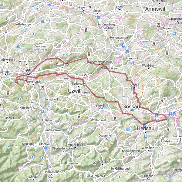 Mapa miniatúra "Cyklotúra cez Wilen bei Wil a Kaiserlinde" cyklistická inšpirácia v Ostschweiz, Switzerland. Vygenerované cyklistickým plánovačom trás Tarmacs.app
