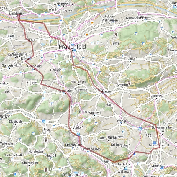 Miniaturní mapa "Gravelová cyklostezka Frauenfeld - Münchwilen TG" inspirace pro cyklisty v oblasti Ostschweiz, Switzerland. Vytvořeno pomocí plánovače tras Tarmacs.app