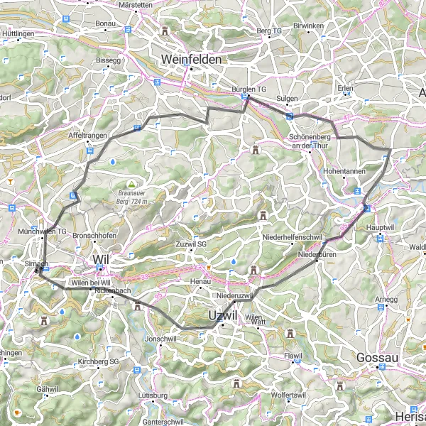 Miniatua del mapa de inspiración ciclista "Ruta de Carretera Münchwilen TG" en Ostschweiz, Switzerland. Generado por Tarmacs.app planificador de rutas ciclistas
