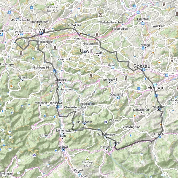 Miniatura della mappa di ispirazione al ciclismo "Circuito Panoramico tra Gossau e Oberhelfenschwil" nella regione di Ostschweiz, Switzerland. Generata da Tarmacs.app, pianificatore di rotte ciclistiche