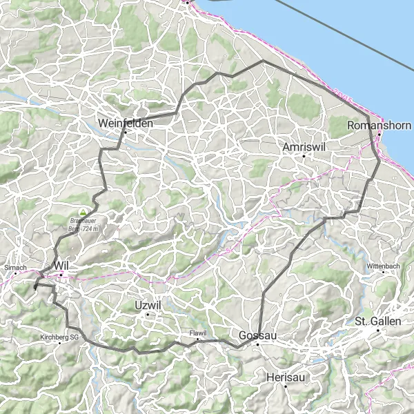 Miniaturní mapa "Road Route to Wilen bei Wil" inspirace pro cyklisty v oblasti Ostschweiz, Switzerland. Vytvořeno pomocí plánovače tras Tarmacs.app