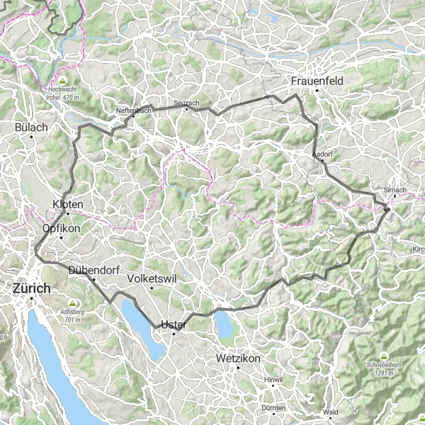 Miniatura della mappa di ispirazione al ciclismo "Avventura Stradale con vedute a Pfäffikersee e Embrach" nella regione di Ostschweiz, Switzerland. Generata da Tarmacs.app, pianificatore di rotte ciclistiche