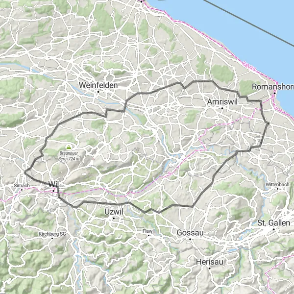 Zemljevid v pomanjšavi "Road tura z zgodbami iz Altstadthügla" kolesarske inspiracije v Ostschweiz, Switzerland. Generirano z načrtovalcem kolesarskih poti Tarmacs.app