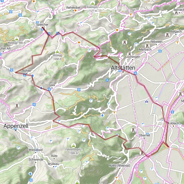 Mapa miniatúra "Gravel Route Speicher - Hohe Buche" cyklistická inšpirácia v Ostschweiz, Switzerland. Vygenerované cyklistickým plánovačom trás Tarmacs.app