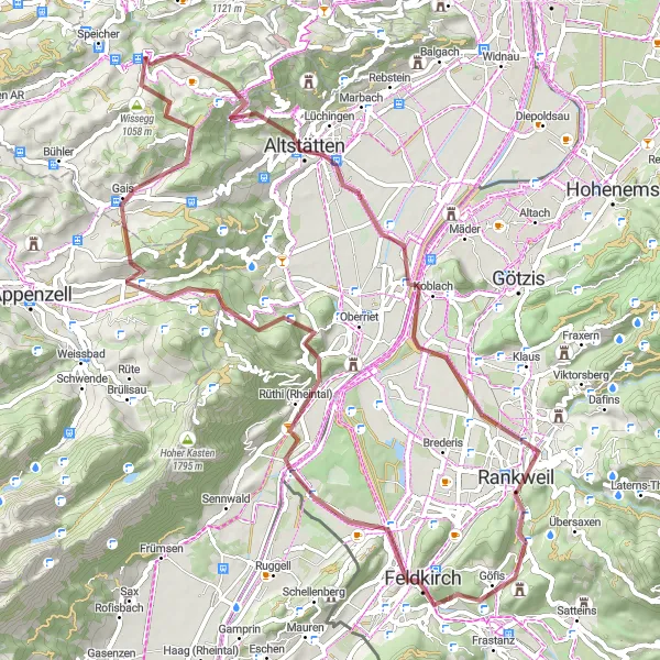 Miniatura della mappa di ispirazione al ciclismo "Avventuroso giro in bicicletta da Speicher a Gais" nella regione di Ostschweiz, Switzerland. Generata da Tarmacs.app, pianificatore di rotte ciclistiche