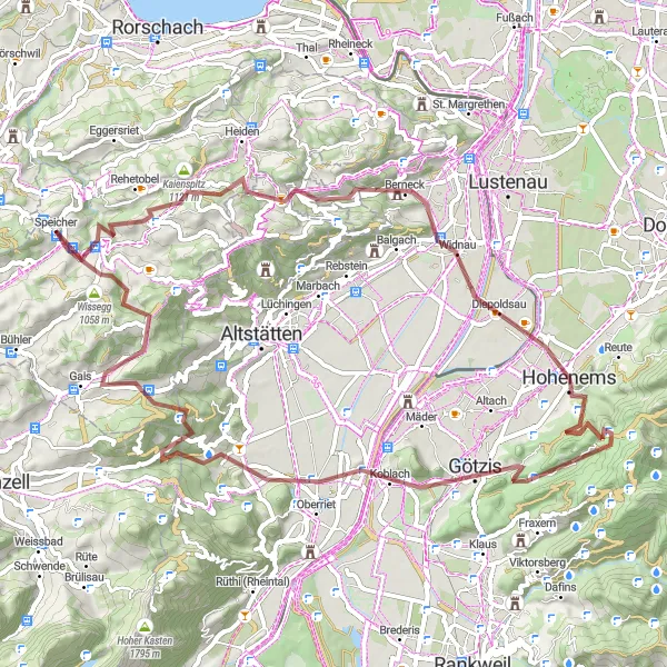 Karttaminiaatyyri "Vuorikiertue Trogenista Gäbriin" pyöräilyinspiraatiosta alueella Ostschweiz, Switzerland. Luotu Tarmacs.app pyöräilyreittisuunnittelijalla