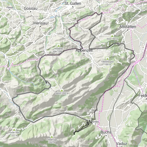 Map miniature of "Challenging Loop with Stunning Alpine Views" cycling inspiration in Ostschweiz, Switzerland. Generated by Tarmacs.app cycling route planner