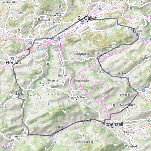 Map miniature of "Picturesque Loop through Eastern Swiss Countryside" cycling inspiration in Ostschweiz, Switzerland. Generated by Tarmacs.app cycling route planner